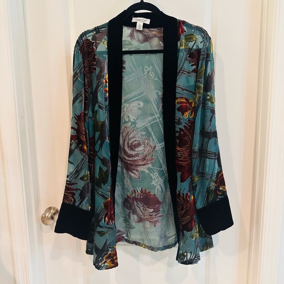 Coldwater Creek Burgundy and Green/Blue Kimono With Black Velvet Trim - Picture 1 of 7